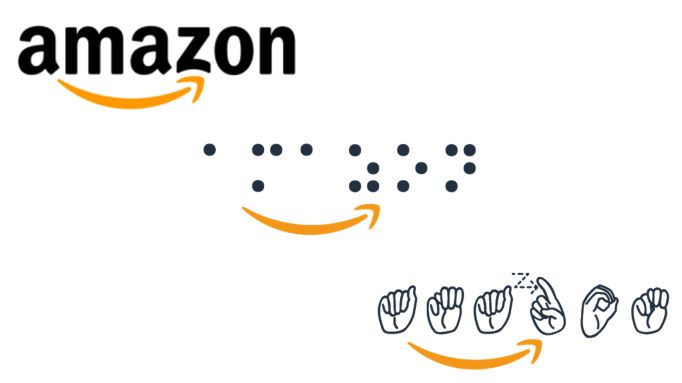 Amazon logo displayed in text and Braille and ASL